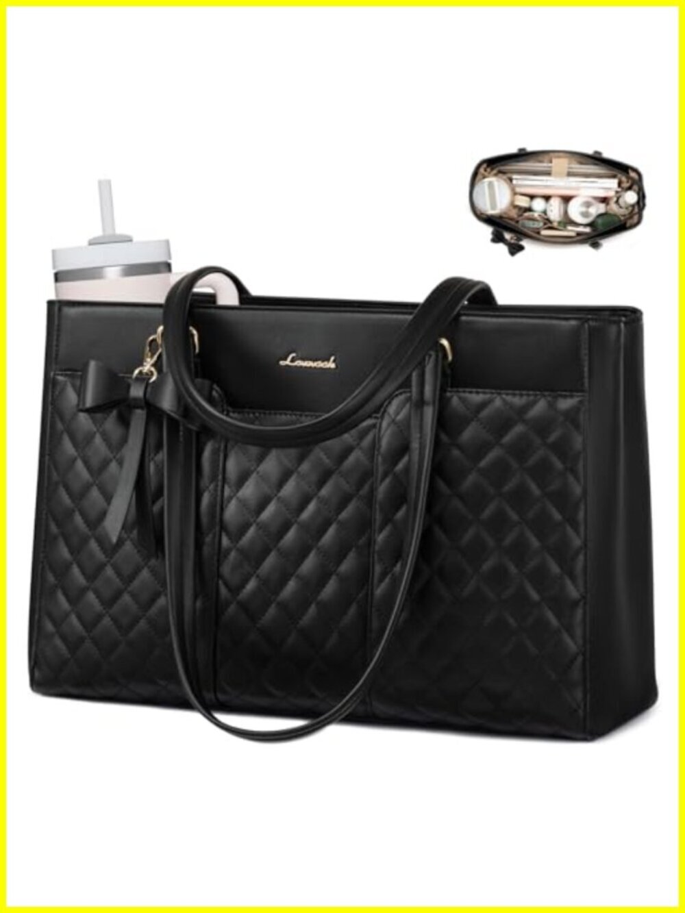 Quilted Faux Leather Laptop Tote Bag 15.6" Work Teacher Office Shoulder Handbag